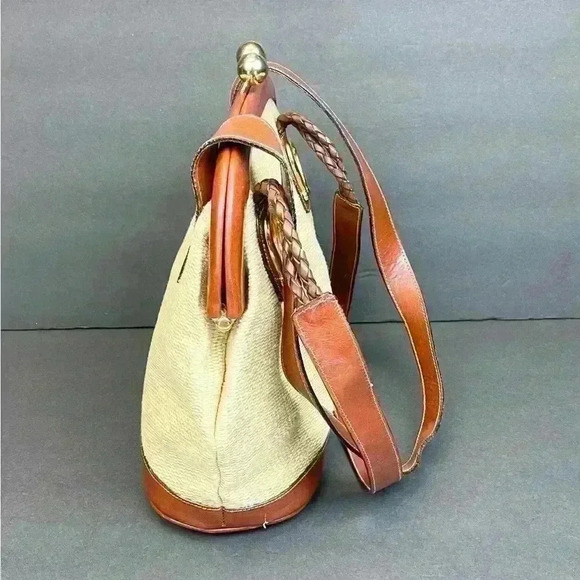 Dillards Handbags - Dillards Leather Woven Cotton Beige/ Brown Women’s Backpack  MADE IN ITALY